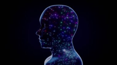 Dönen insan yüzü ve birçok ışık parçacığı - 3D 4k animasyon (3840 x 2160 px)