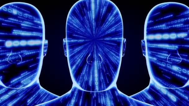Три Человека Лица Двоичный Код Стиле Матрицы Анимация 3840 2160 — стоковое видео
