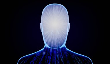 İkili kodlu Geometrik adam yüzü - 3D illüstrasyon