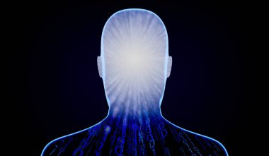 İkili kodlu Geometrik adam yüzü - 3D illüstrasyon