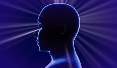 Geometrik insan yüzü ve ışık ışınları - 3 boyutlu illüstrasyon