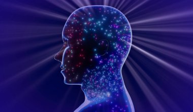 Geometrik insan yüzü ve ışık ışınları - 3 boyutlu illüstrasyon