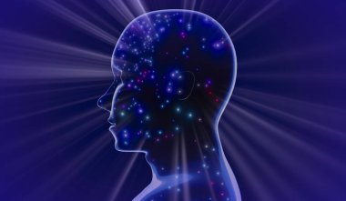 Geometrik insan yüzü ve ışık ışınları - 3 boyutlu illüstrasyon