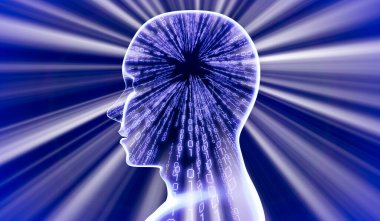 İkili kod ve ışık ışınlarıyla Geometrik insan yüzü - 3 boyutlu illüstrasyon