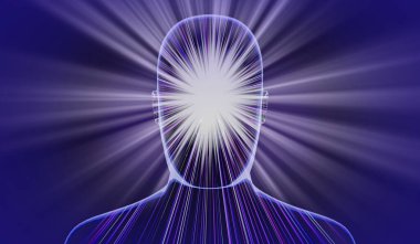 Geometrik adam yüzü soyut çizgiler ve ışık ışınlarıyla - 3 boyutlu illüstrasyon