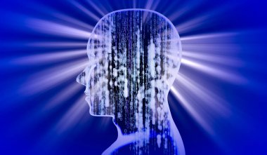 İkili kod ve ışık ışınlarıyla Geometrik insan yüzü - 3 boyutlu illüstrasyon