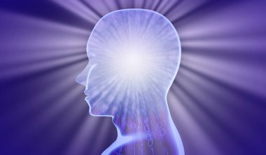 İkili kod ve ışık ışınlarıyla Geometrik insan yüzü - 3 boyutlu illüstrasyon