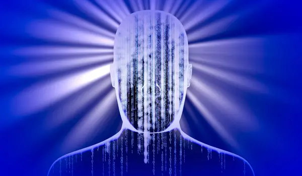 Geometrical man face with binary code and rays of light - 3D illustration