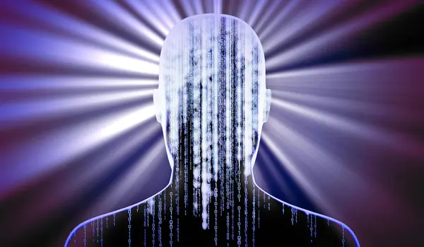 Geometrical man face with binary code and rays of light - 3D illustration