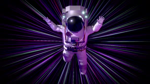 宇宙服を着ている宇宙飛行士がハイパースペーストンネル内を飛ぶ 4Kアニメーション 3840X2160Px — ストック動画