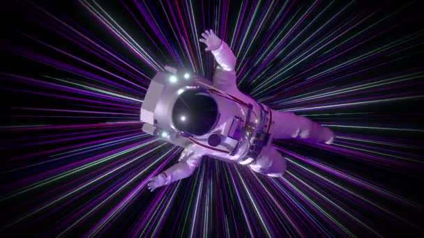 Astronaut Trägt Raumanzug Der Sich Hyperspace Tunnel Dreht Animation 3840X2160Px — Stockvideo