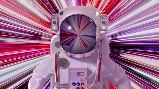 Astronauta Vestindo Traje Espacial Voa Dentro Túnel Hiperespaço Close Cabeça — Vídeo de Stock