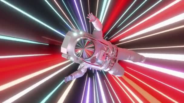 Астронавт Космічному Костюмі Обертається Всередині Гіперпросторового Тунелю Анімація 3840X2160Px — стокове відео