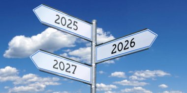 2025, 2026, 2027 - üç oklu metal tabela direği