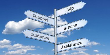 Yardım, destek, tavsiye, rehberlik, yardım - beş oklu işaret direği