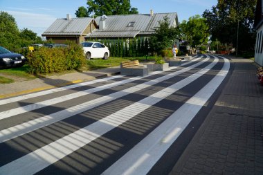 Trakai, Litvanya - 9 Eylül 2023 - Ana cadde boyunca geleneksel Karaim evleri