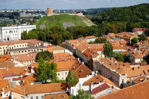 Vilnius, Litvanya - 3 Eylül 2023 - Tepedeki ve eski kasabadaki Gediminas Kalesi