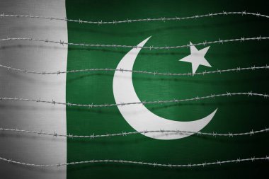 Pakistan bayrağı ve dikenli tel - 3 boyutlu illüstrasyon