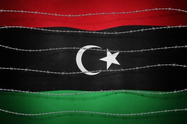 Libya bayrağı ve dikenli tel - 3D illüstrasyon