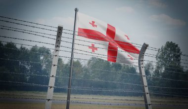 Dikenli tel örgüler ve Gürcistan bayrağı - sınır konsepti - 3D illüstrasyon