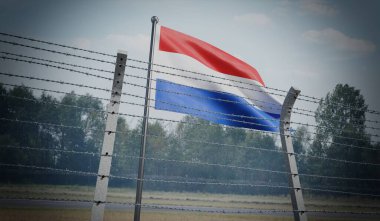 Dikenli tel örgüler ve Hollanda bayrağı - sınır konsepti - 3D illüstrasyon