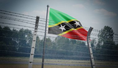 Dikenli teller ve Saint Kitts ve Nevis bayrağı - sınır konsepti - 3D illüstrasyon