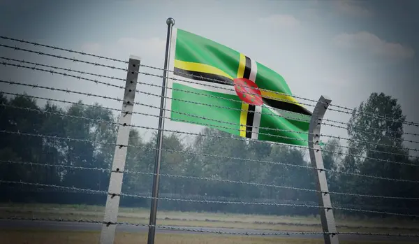 stock image Barbed wire fence and flag of Dominica - border concept - 3d illustration