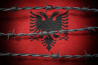 Arnavutluk bayrağı ve dikenli teller - 3 boyutlu illüstrasyon