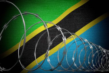 Dikenli sarmal tel ve Tanzanya bayrağı - 3 boyutlu illüstrasyon