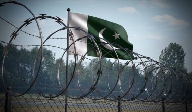 Dikenli tel örgüler ve Pakistan bayrağı - 3 boyutlu illüstrasyon