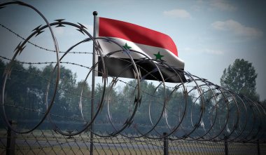 Dikenli tel örgüler ve Suriye bayrağı - 3 boyutlu illüstrasyon