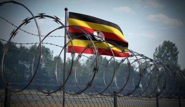 Dikenli tel örgüler ve Uganda bayrağı - 3 boyutlu illüstrasyon