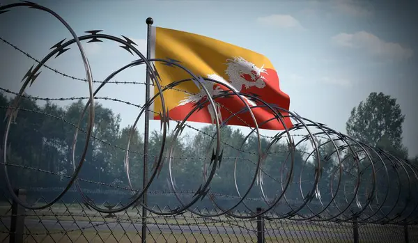 Stock image Barbed wire fence and flag of Bhutan - 3d illustration