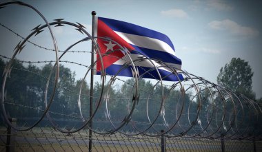 Dikenli tel örgüler ve Küba bayrağı - 3 boyutlu illüstrasyon