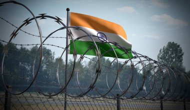 Dikenli tel örgüler ve Hindistan bayrağı - 3 boyutlu illüstrasyon