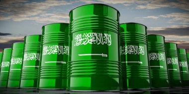 Suudi Arabistan bayrağı taşıyan petrol varilleri - 3D illüstrasyon