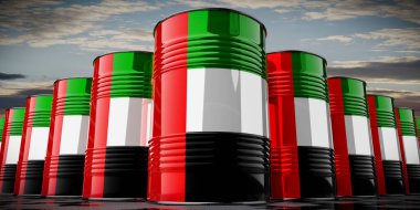 Birleşik Arap Emirlikleri bayrağı taşıyan petrol varilleri - 3 boyutlu illüstrasyon