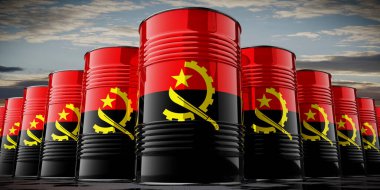 Angola bayrağı taşıyan yağ varilleri - 3 boyutlu illüstrasyon