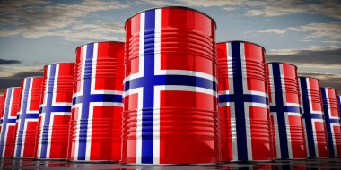 Norveç bayrağı taşıyan petrol varilleri - 3D illüstrasyon
