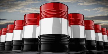 Yemen bayrağı taşıyan yağ varilleri - 3 boyutlu illüstrasyon