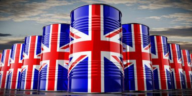 Birleşik Krallık bayrağı taşıyan petrol varilleri - 3 boyutlu illüstrasyon