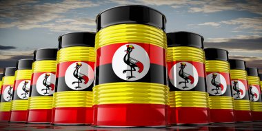 Uganda bayrağı taşıyan yağ varilleri - 3 boyutlu illüstrasyon