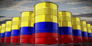 Kolombiya bayrağı taşıyan petrol varilleri - 3 boyutlu illüstrasyon