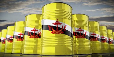 Brunei bayrağı taşıyan yağ varilleri - 3 boyutlu illüstrasyon