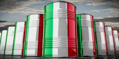 İtalya bayrağı taşıyan petrol varilleri - 3D illüstrasyon