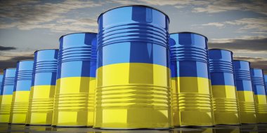 Ukrayna bayrağı taşıyan yağ varilleri - 3D illüstrasyon