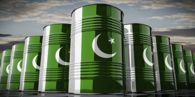 Pakistan bayrağı taşıyan petrol varilleri - 3 boyutlu illüstrasyon