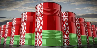 Beyaz Rusya bayrağı taşıyan yağ varilleri - 3 boyutlu illüstrasyon