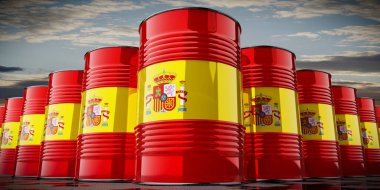 İspanya bayrağı taşıyan petrol varilleri - 3 boyutlu illüstrasyon