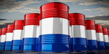 Hollanda bayrağı taşıyan petrol varilleri - 3D illüstrasyon